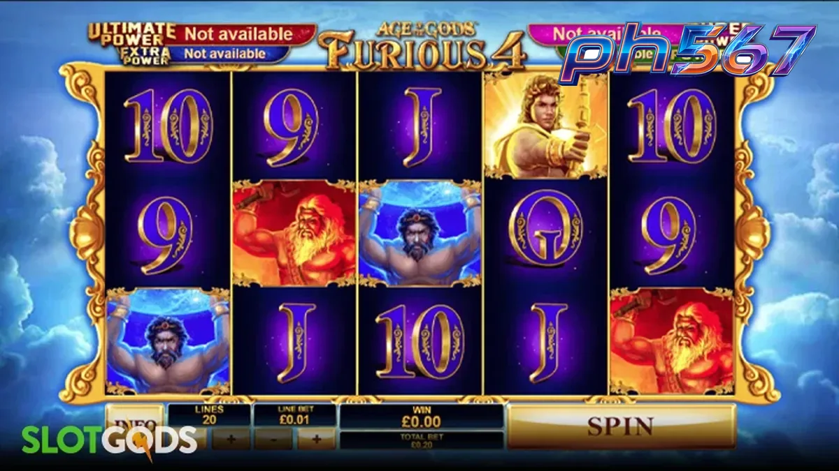 Isang visual na representasyon ng Age of the Gods: Furious 4 slot na nagpapakita ng mga simbolo ng mga diyos at gintong disenyo.